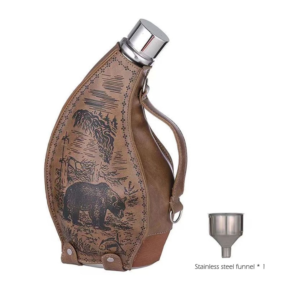 Western Cowboy Horn Hip Flask Set Stainless Steel Flagon With Leather Case Funnel 6