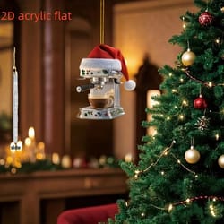 2d acrylic coffee machine christmas ornament – adorable holiday coffee lover tree pendant, 3 pcs