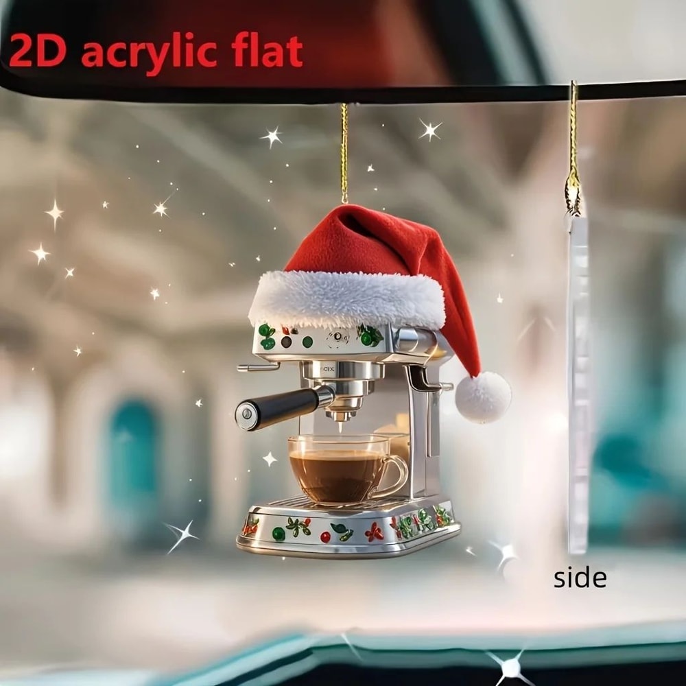 2D Acrylic Coffee Machine Christmas Ornament Adorable Holiday Coffee Lover Tree Pendant 2