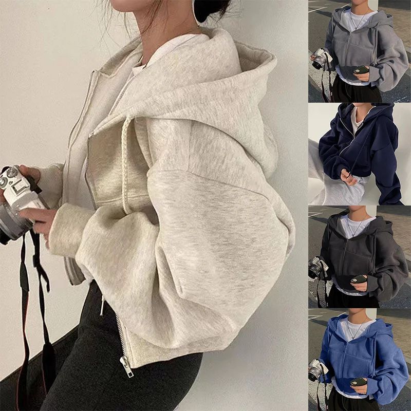 Womens FleeceLined Cropped ZipUp Hoodie Slim Fit Warm Hooded Sweatshirt 0
