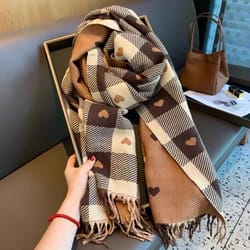 women's heart pattern plaid blanket scarf – thick winter shawl wrap