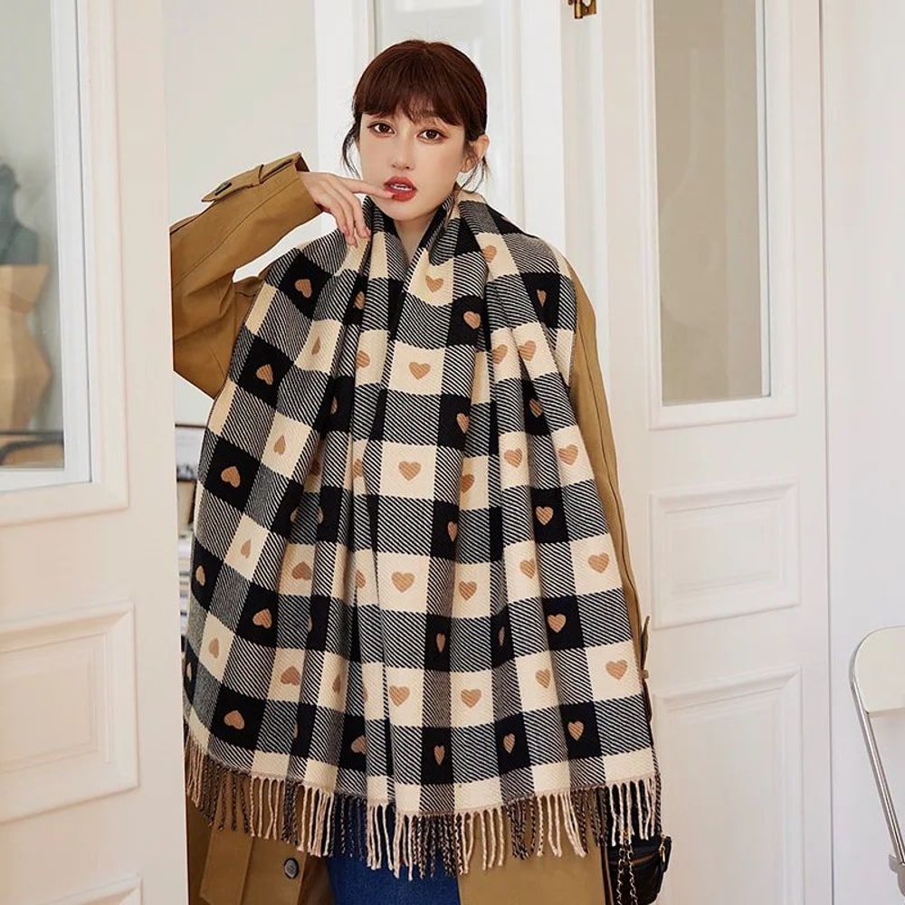 Womens Heart Pattern Plaid Blanket Scarf Thick Winter Shawl Wrap 3