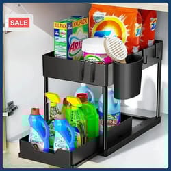 2-tier sliding under sink organizer – space-saving cabinet storage rack with hooks
