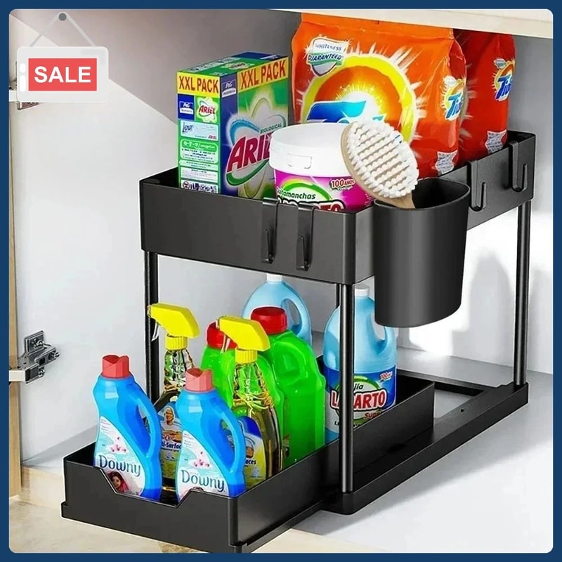 2Tier Sliding Under Sink Organizer SpaceSaving Cabinet Storage Rack With Hooks 0