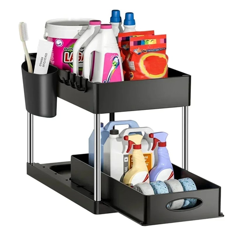 2Tier Sliding Under Sink Organizer SpaceSaving Cabinet Storage Rack With Hooks 1