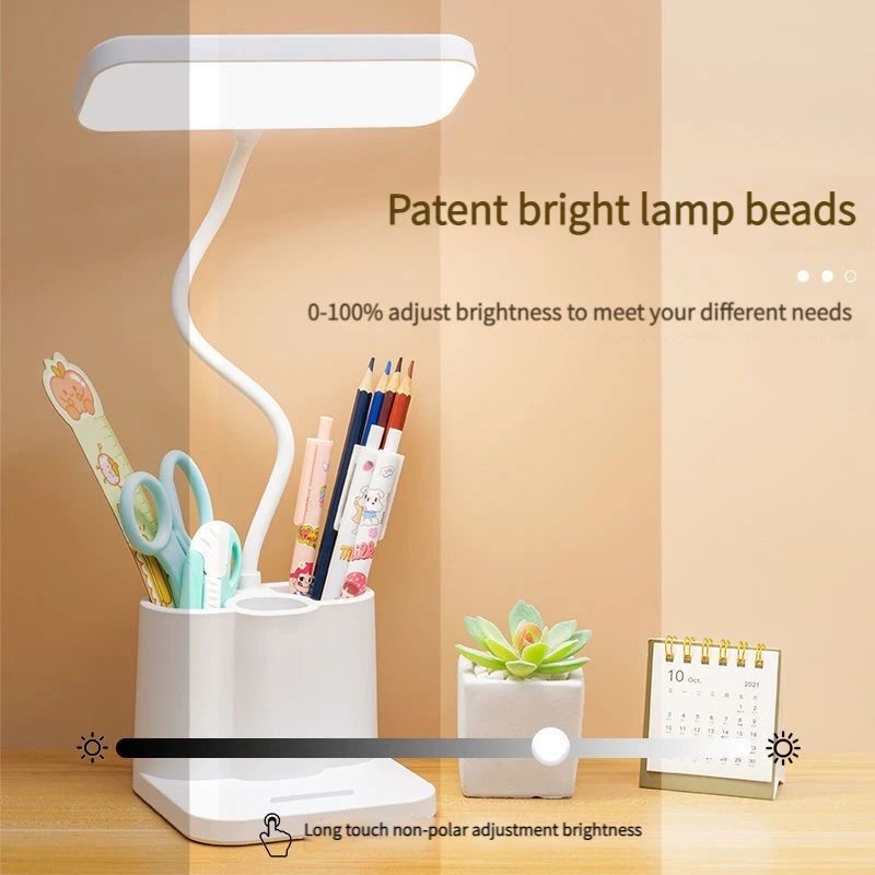 LED Desk Lamp With Pen Holder Phone Stand Dimmable USB Study Light 2