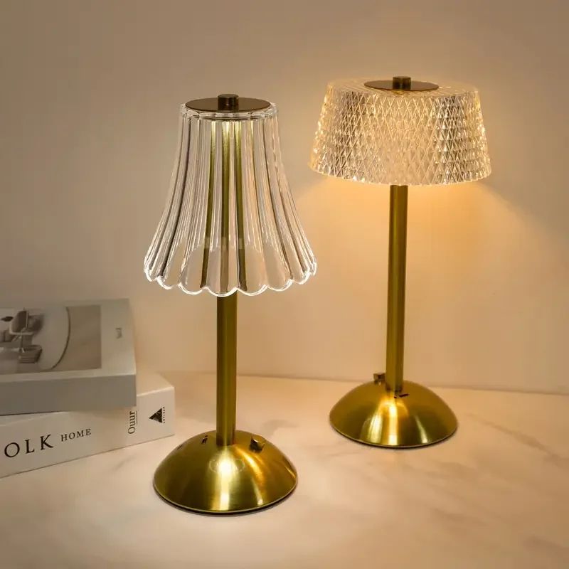 Modern Crystal LED Touch Desk Lamp Rechargeable Gold Cordless Decorative Light 0