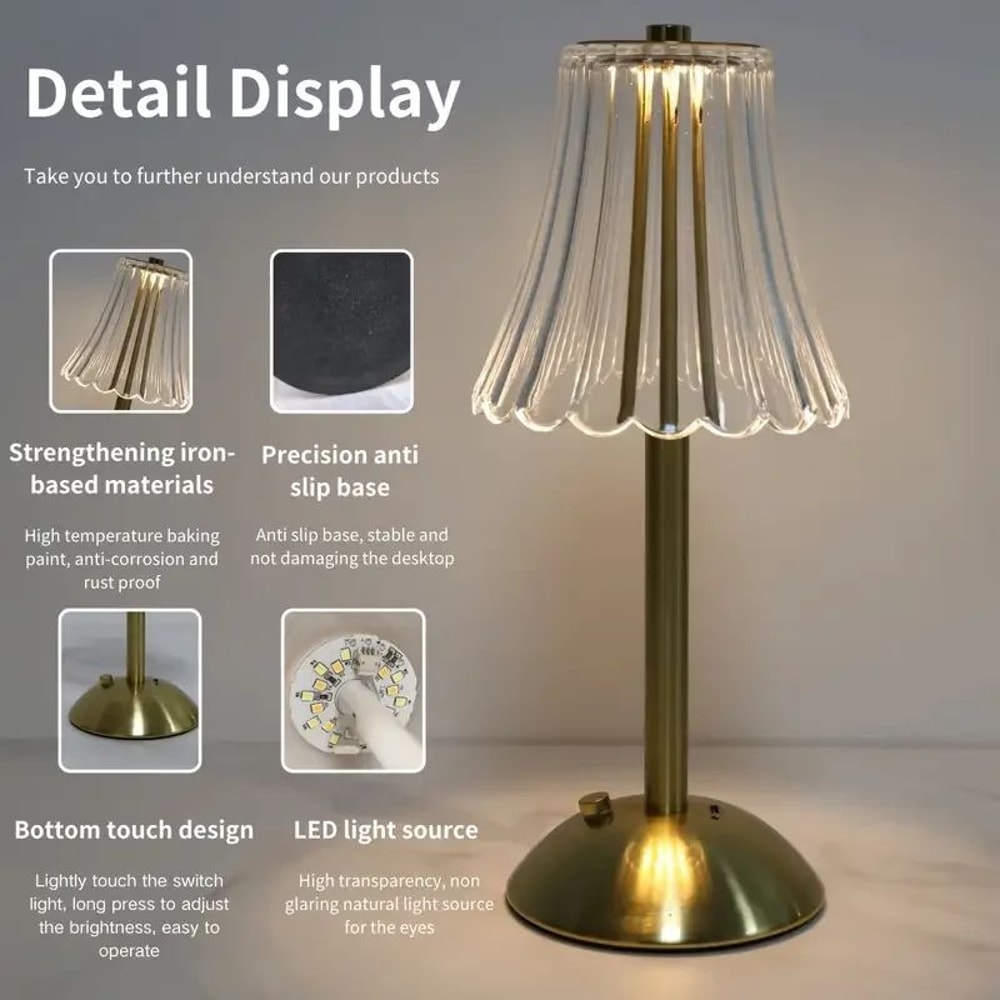 Modern Crystal LED Touch Desk Lamp Rechargeable Gold Cordless Decorative Light 2