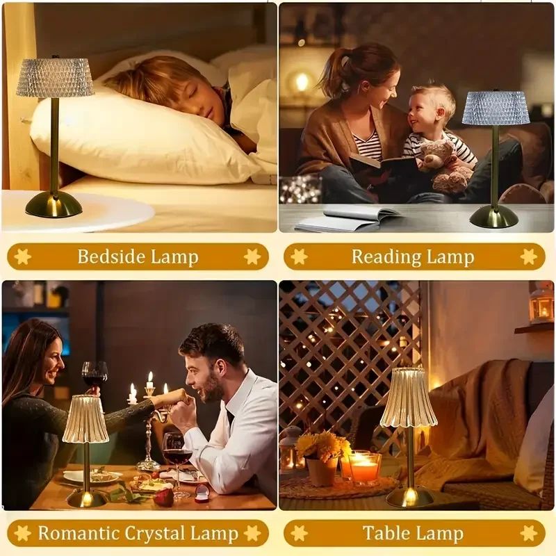 Modern Crystal LED Touch Desk Lamp Rechargeable Gold Cordless Decorative Light 5