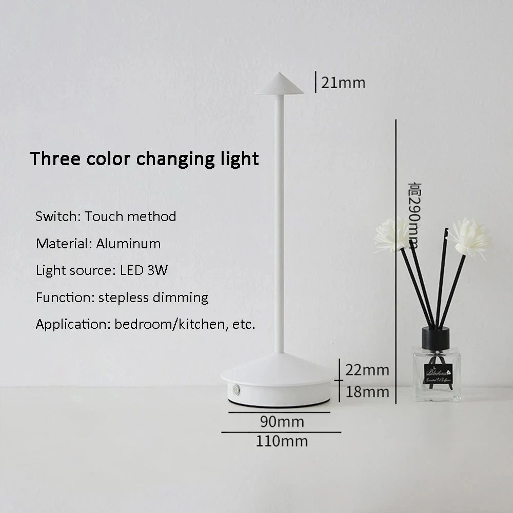 Rechargeable LED Touch Table Lamp 3Color Stepless Dimmable Cordless Desk Light 3