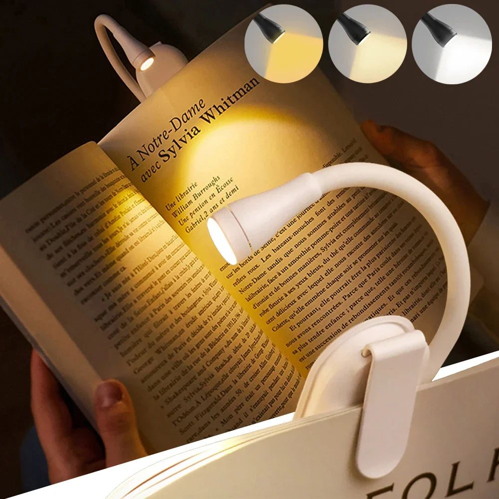 Rechargeable LED ClipOn Book Light 3Color Dimmable Reading Lamp 4