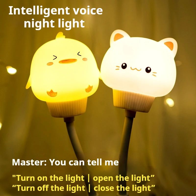 Cute Cartoon Bear Kitten USB LED Night Light Voice Remote Control Kids Bedside Lamp 1