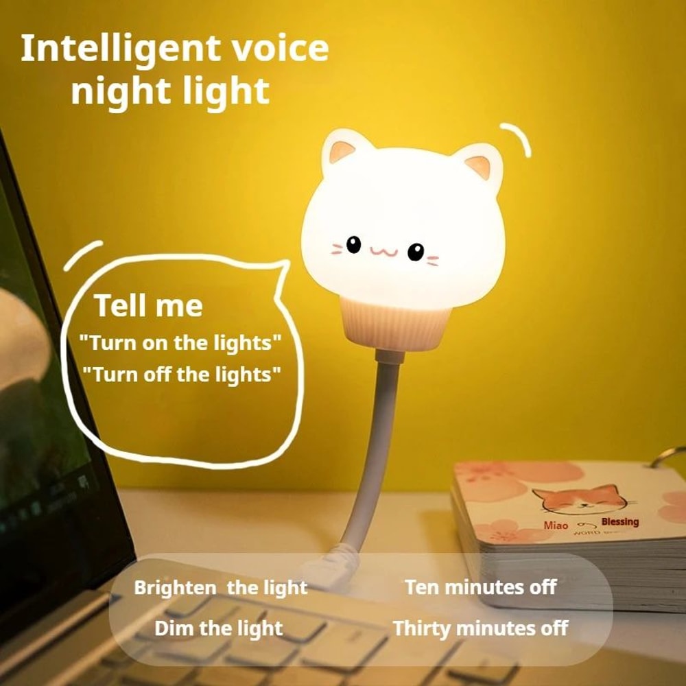 Cute Cartoon Bear Kitten USB LED Night Light Voice Remote Control Kids Bedside Lamp 2