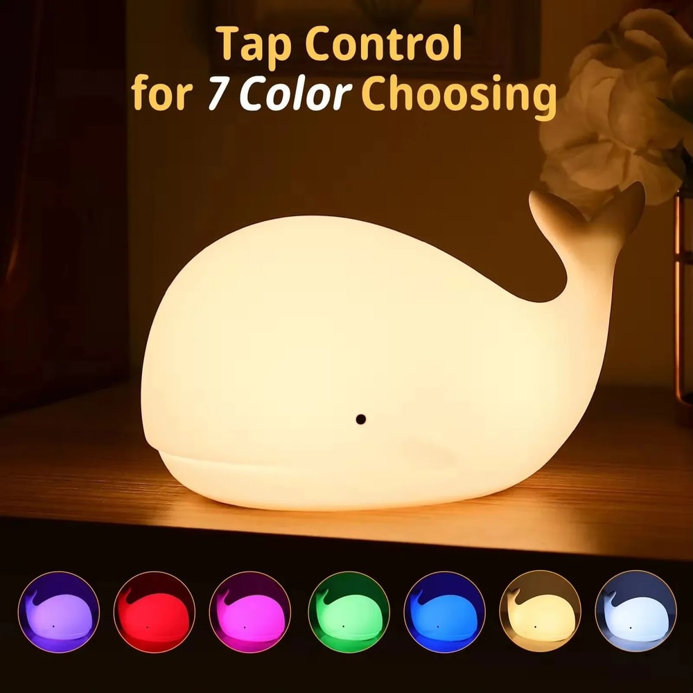 Cute Whale Silicone LED Night Light 7 Color Changing Rechargeable Kids Bedside Lamp 0