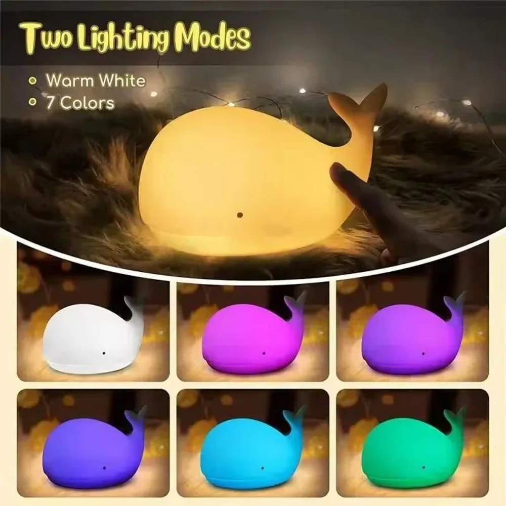Cute Whale Silicone LED Night Light 7 Color Changing Rechargeable Kids Bedside Lamp 1