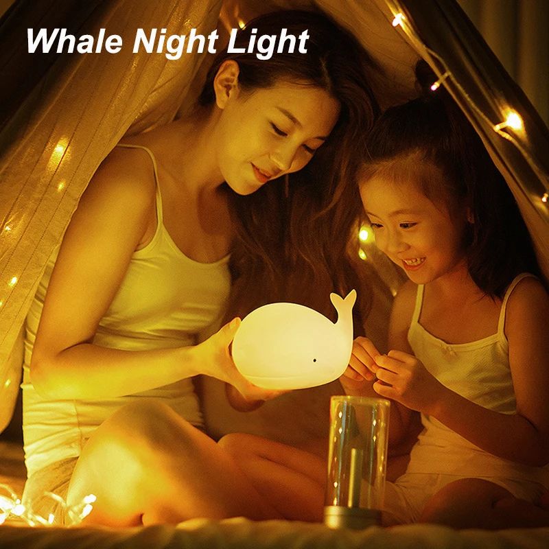 Cute Whale Silicone LED Night Light 7 Color Changing Rechargeable Kids Bedside Lamp 2