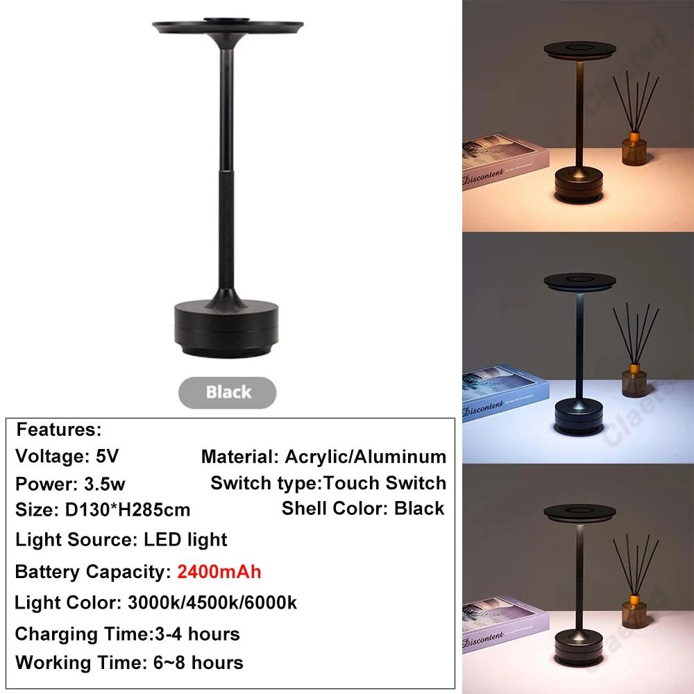 Rechargeable Wireless LED Table Lamp Touch Sensor Dimmable Restaurant Bedside Desk Light 9