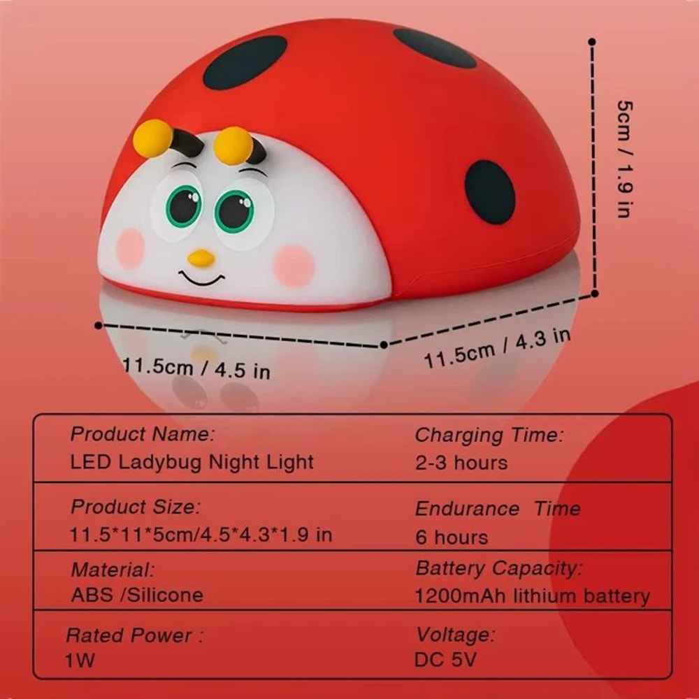 Cute Ladybug Silicone LED Night Light Touch Control Rechargeable Nursery Bedside Lamp 3