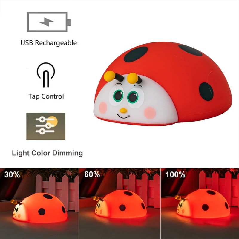 Cute Ladybug Silicone LED Night Light Touch Control Rechargeable Nursery Bedside Lamp 7