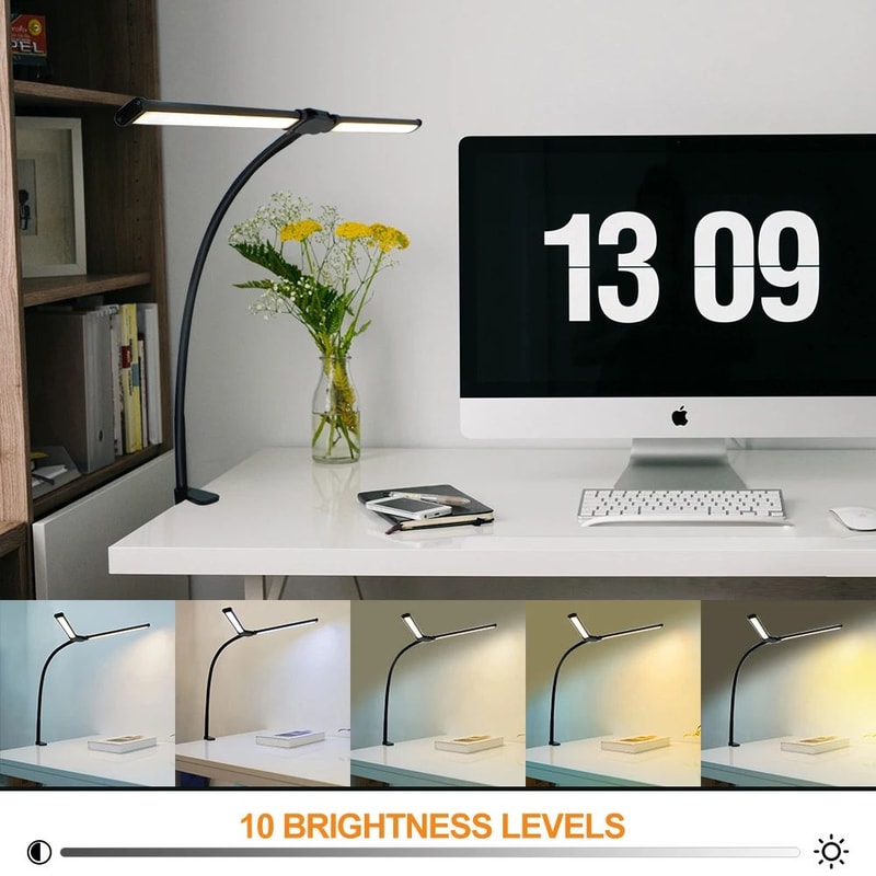 Double Head LED Desk Lamp With Clamp Stepless Dimmable EyeCaring Monitor Reading Light 3
