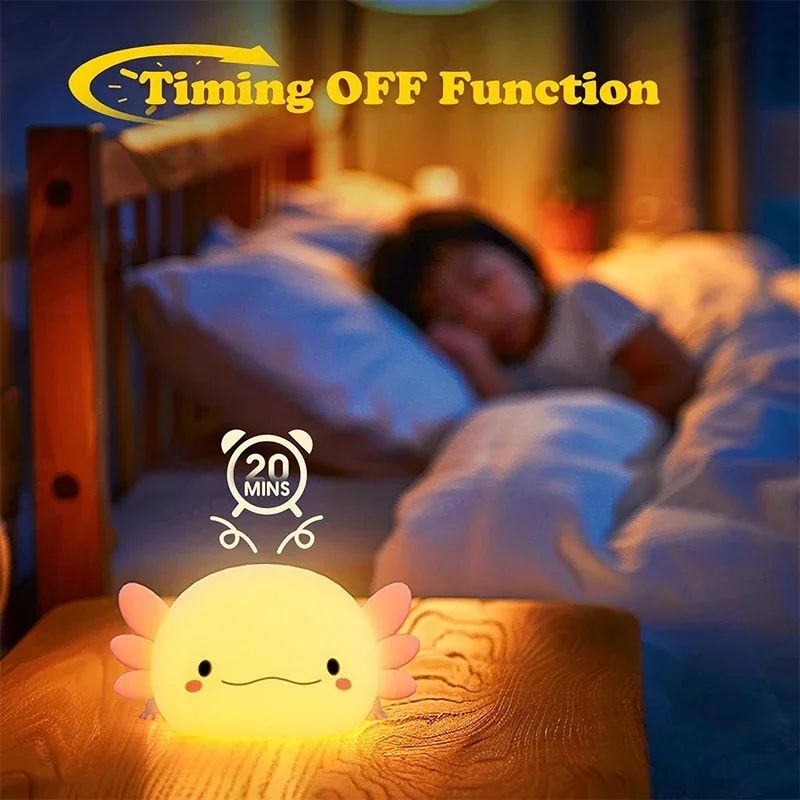 Cute Axolotl Silicone LED Night Light Touch Control Rechargeable Kids Bedside Lamp 3