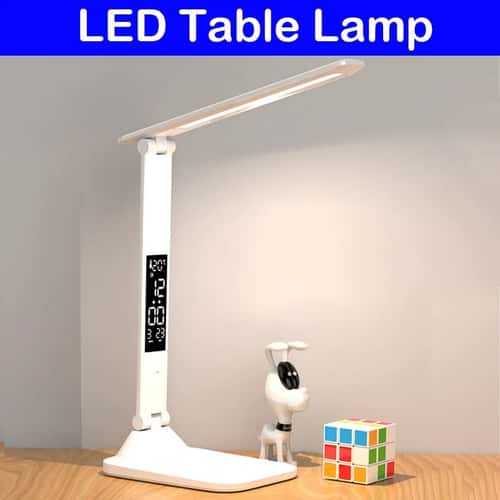 Foldable LED Desk Lamp with Alarm Clock & Thermometer – Touch Dimmable Eye Protection Reading Light