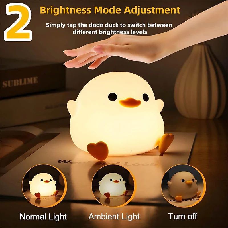 Cute Duck Silicone LED Night Light Rechargeable Touch Dimmable Nursery Bedside Lamp 1