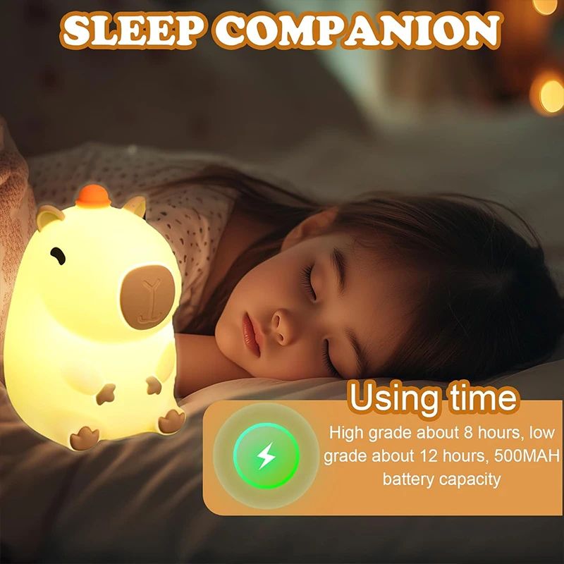 Cute Capybara Silicone LED Night Light Rechargeable Touch Bedside Lamp For Kids 2
