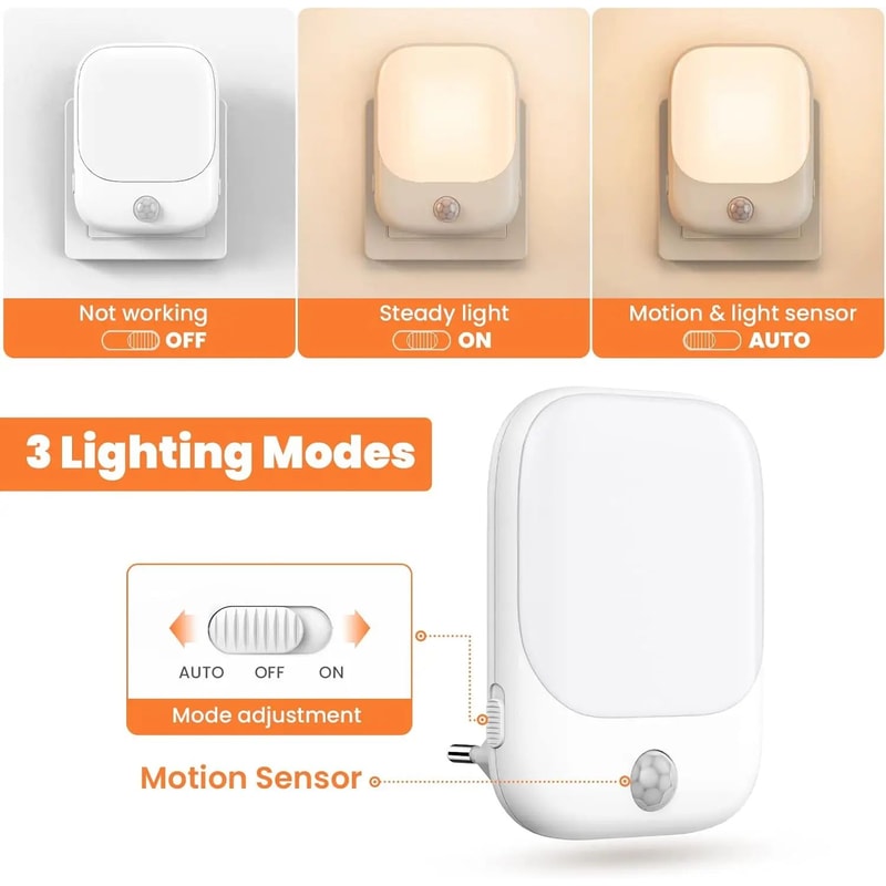 EU Plug Motion Sensor LED Night Light Dusk To Dawn Dimmable Bedroom Hallway Lamp 4