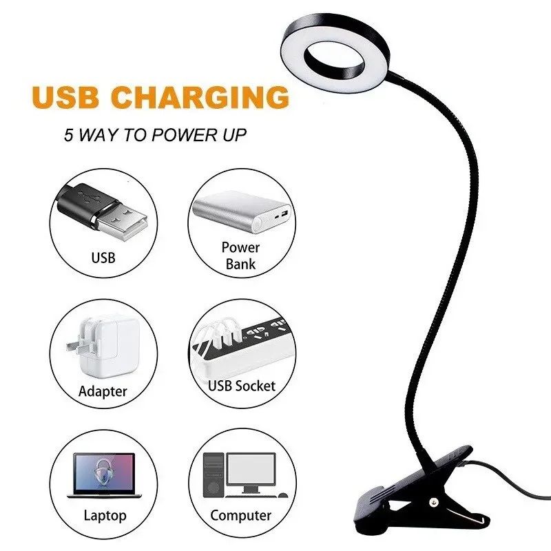 USB ClipOn LED Reading Lamp 360 Flexible Gooseneck Dimmable Study Light 4