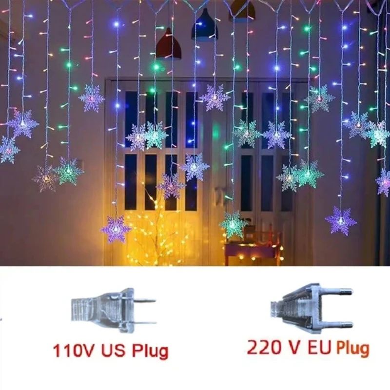 Christmas Snowflake LED Curtain String Lights Flashing Holiday Fairy Garland 10