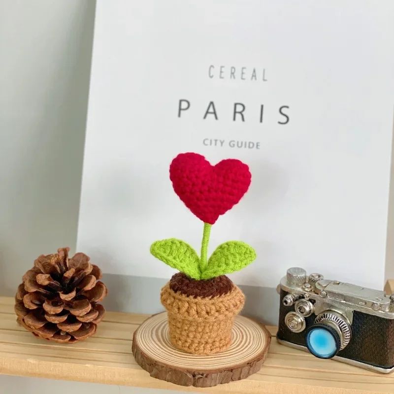 Handmade Knitted Heart Flower Pot Romantic Crochet Potted Plant Decor For Valentines Day Gift 1