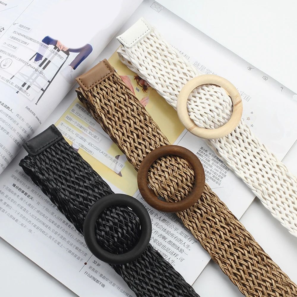 Womens Braided Elastic Straw Belt With Wooden Buckle Boho Woven Waist Belt For Dresses 0