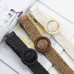 women's braided elastic straw belt with wooden buckle – boho woven waist belt for dresses