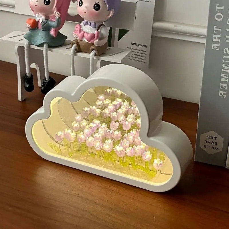 DIY Tulip Cloud Mirror LED Night Lamp Romantic Flower Table Light Decor 4