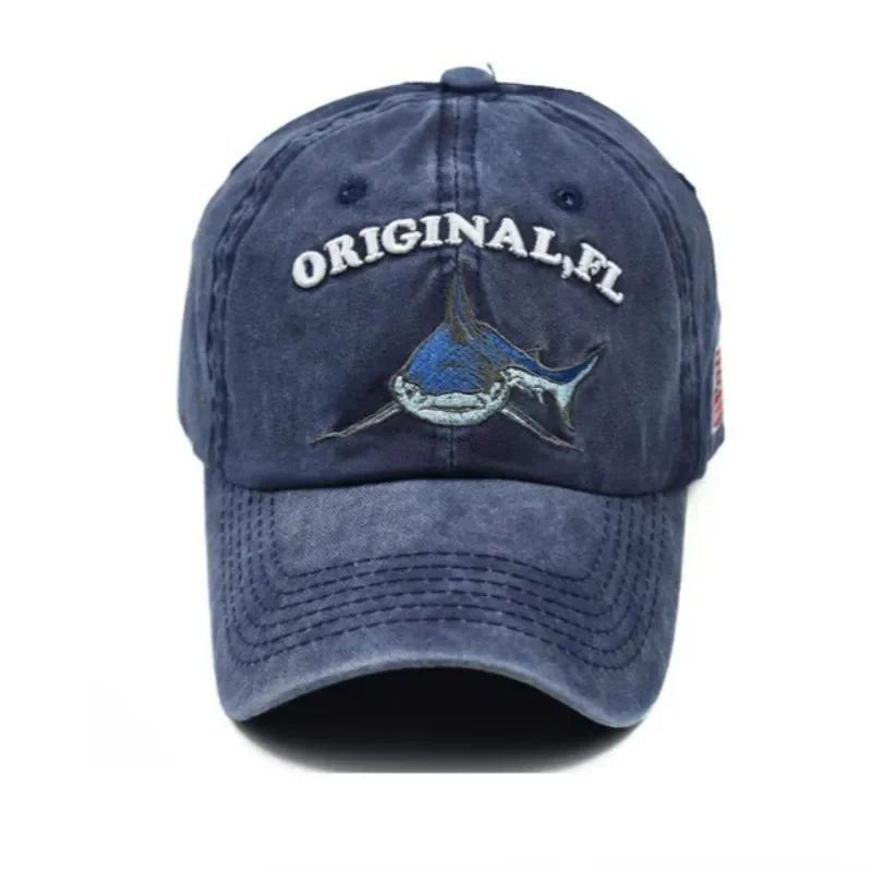 Vintage Washed Cotton Shark Embroidery Dad Hat Curved Brim Hip Hop Baseball Cap 2