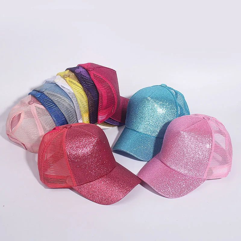 Sequin Ponytail Baseball Cap For Women Shiny Messy Bun Summer Snapback Hat 1