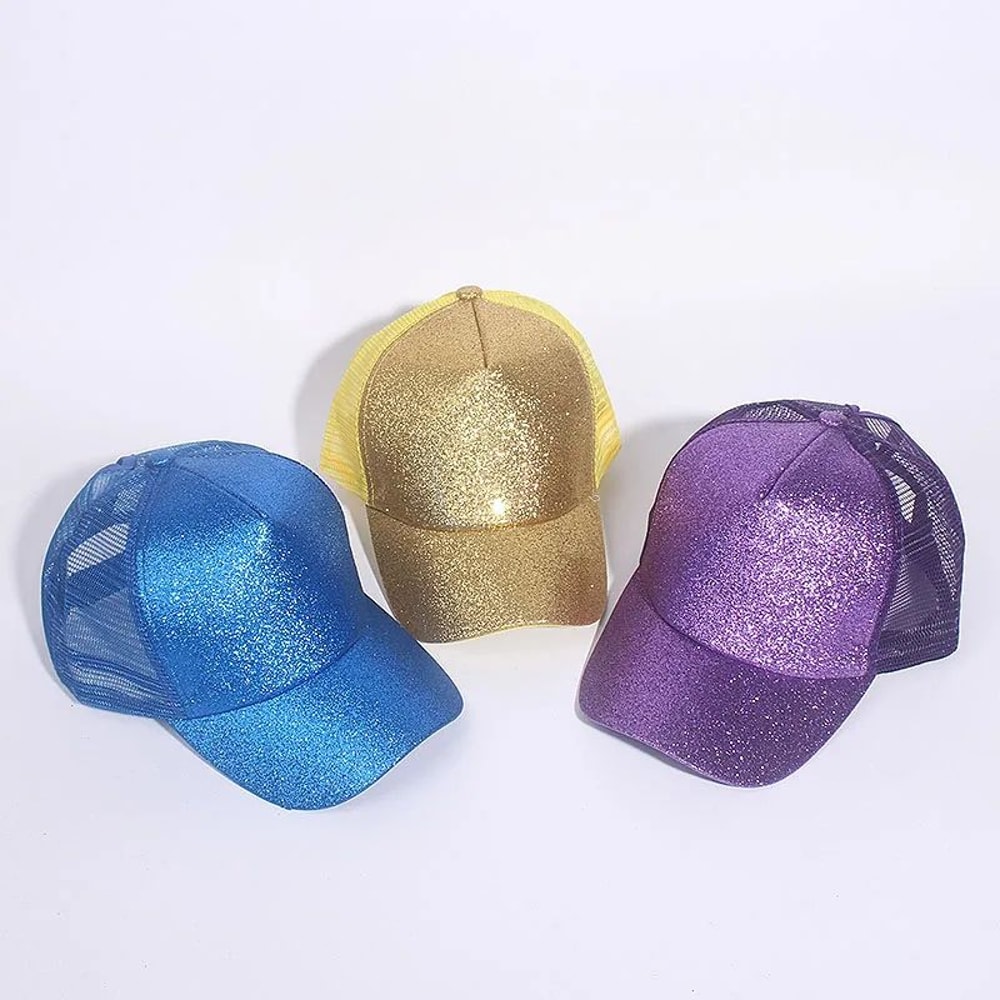 Sequin Ponytail Baseball Cap For Women Shiny Messy Bun Summer Snapback Hat 2