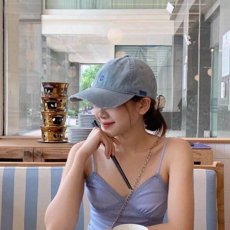 Distressed Denim Baseball Cap For Big Heads Adjustable Korean Duckbill Dad Hat 0