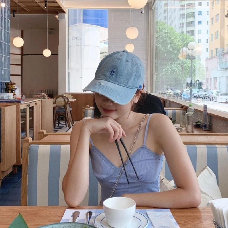 Distressed Denim Baseball Cap For Big Heads Adjustable Korean Duckbill Dad Hat 2