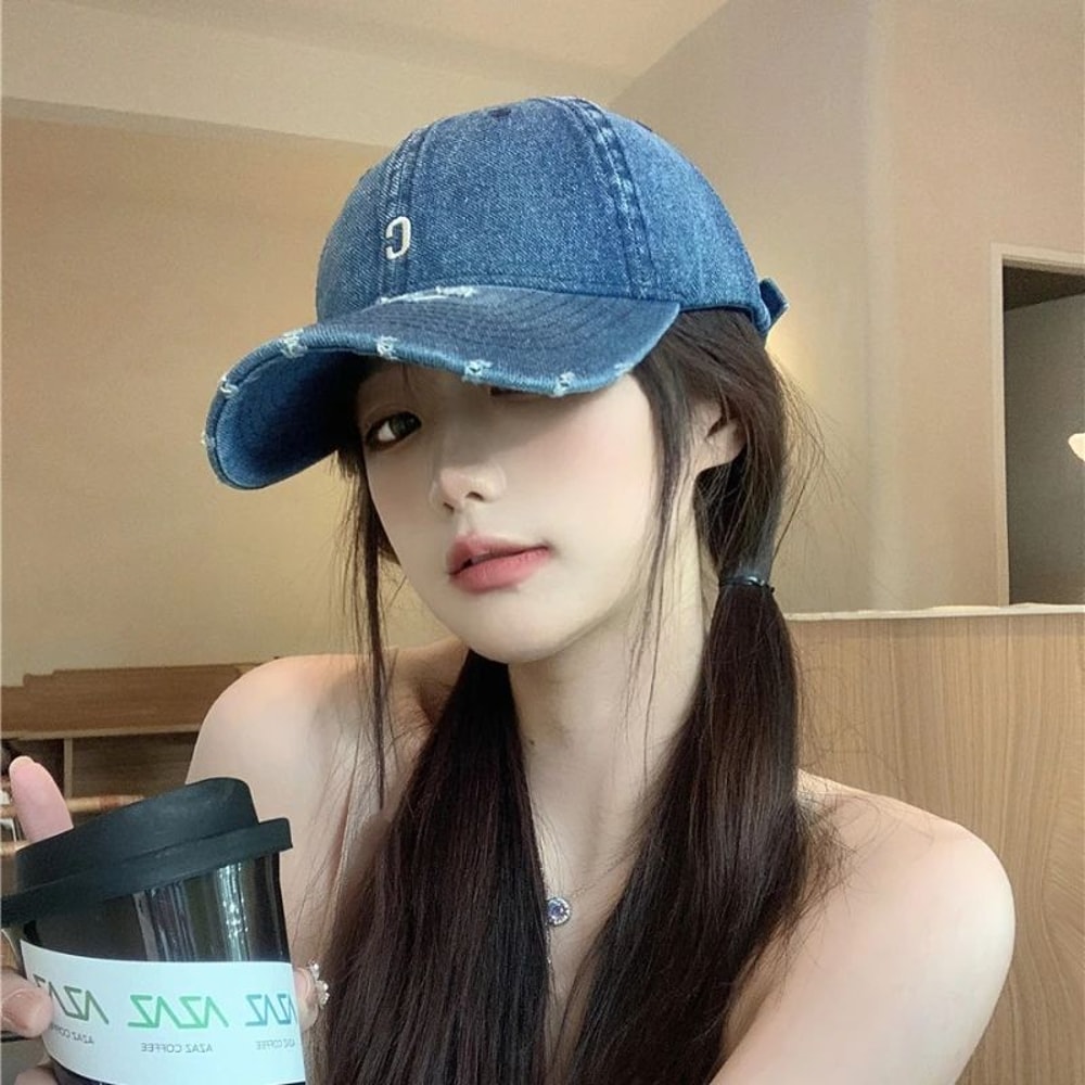 Distressed Denim Baseball Cap For Big Heads Adjustable Korean Duckbill Dad Hat 5