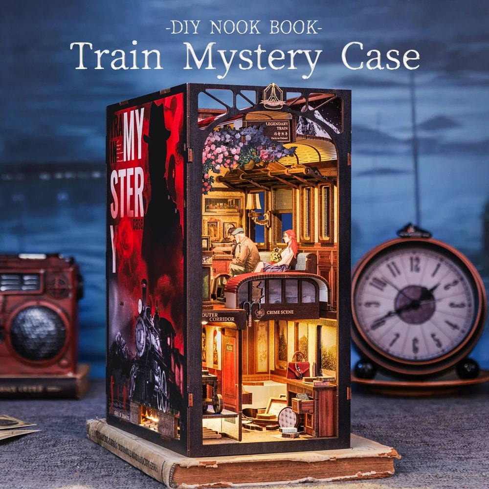 CUTEBEE Detective Train Mystery Book Nook Kit DIY 3D Wooden Puzzle Bookshelf Insert 5