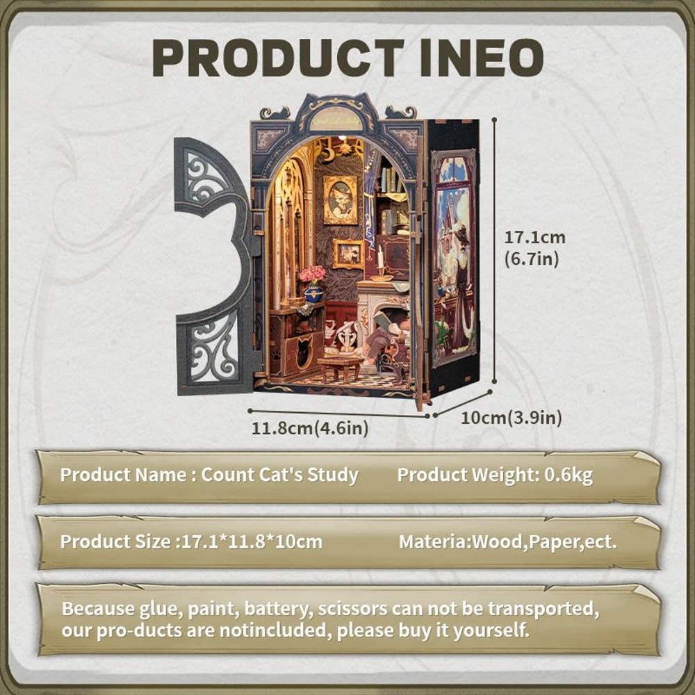 CUTEBEE Count Cats Study DIY Book Nook Kit Wooden 3D Puzzle Bookshelf Insert With Lights 2