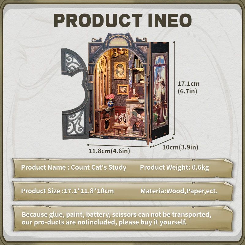 CUTEBEE Count Cats Study DIY Book Nook Kit Wooden 3D Puzzle Bookshelf Insert With Lights 2