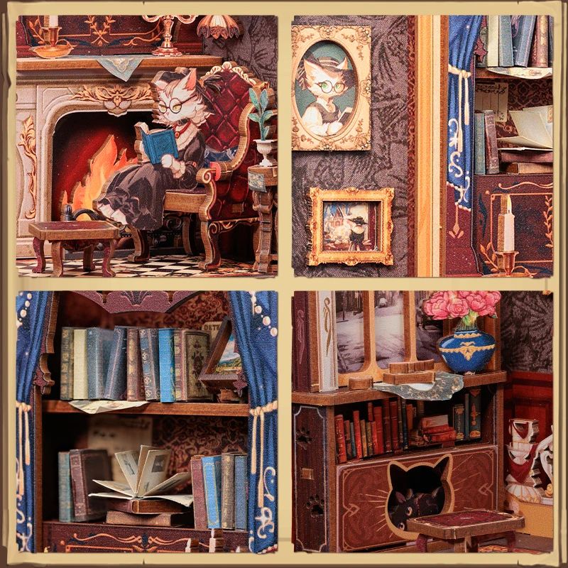 CUTEBEE Count Cats Study DIY Book Nook Kit Wooden 3D Puzzle Bookshelf Insert With Lights 3