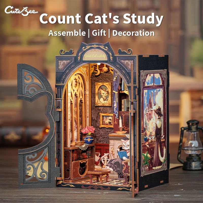 CUTEBEE Count Cats Study DIY Book Nook Kit Wooden 3D Puzzle Bookshelf Insert With Lights 4