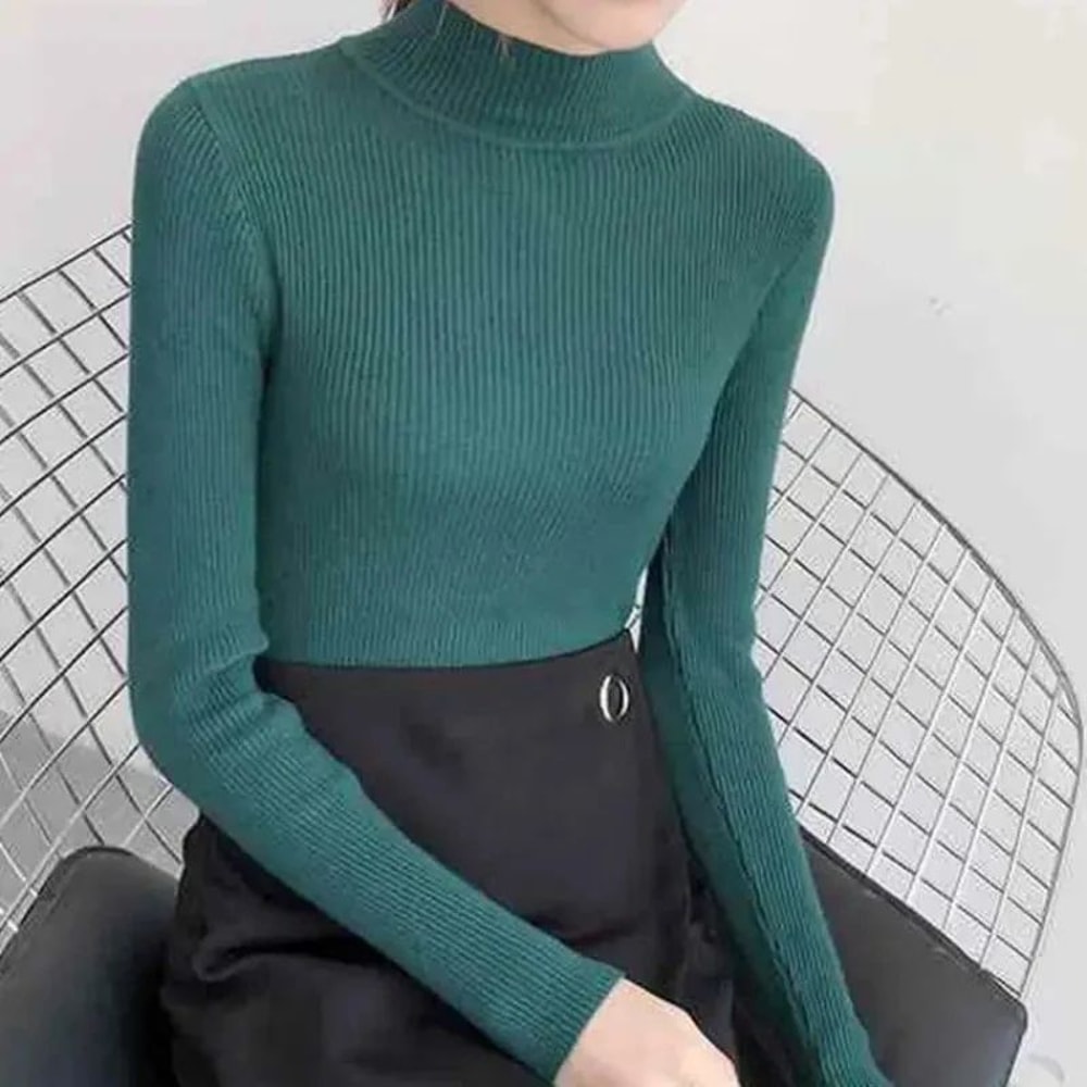 Womens Mock Neck Knit Sweater Vintage Slim Fit Korean Style Pullover 3