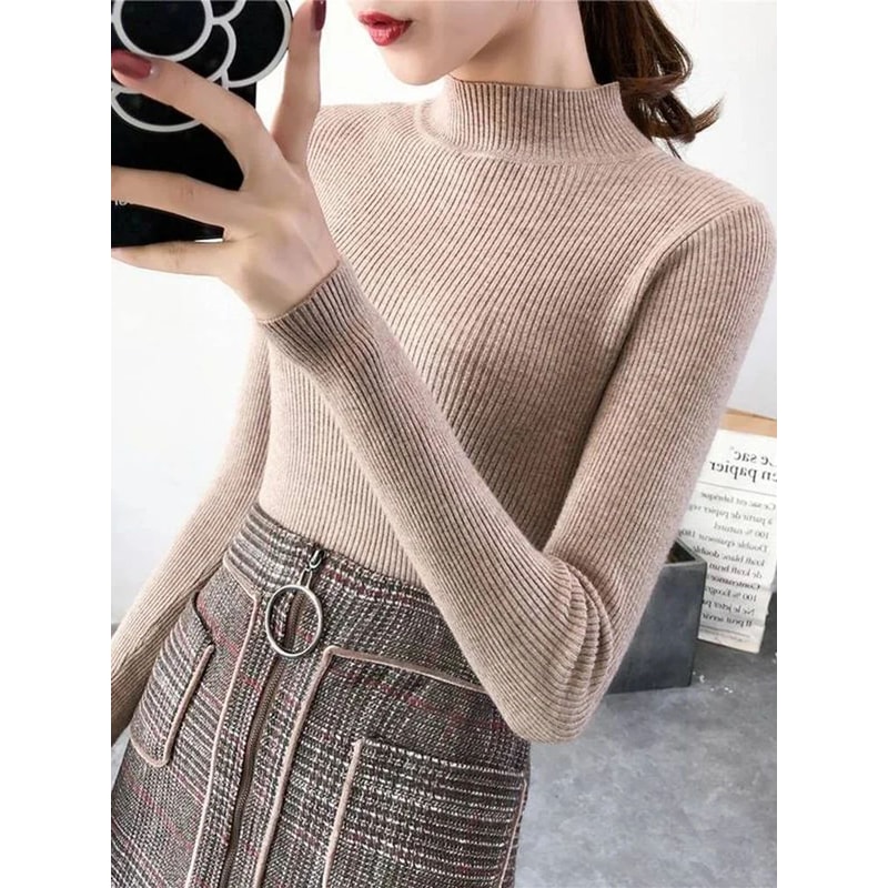 Womens Mock Neck Knit Sweater Vintage Slim Fit Korean Style Pullover 8