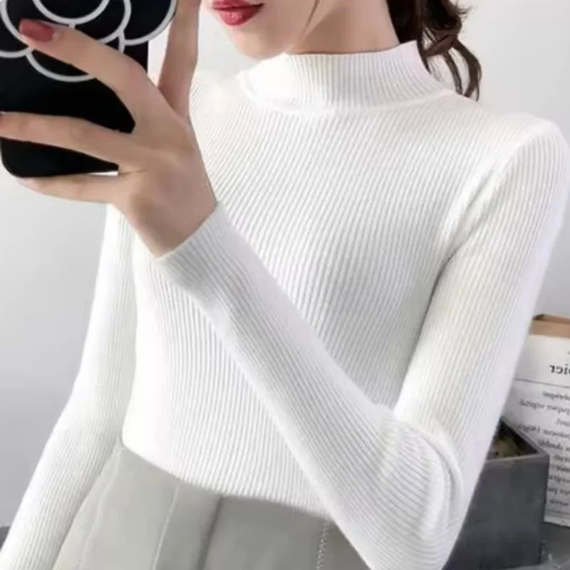 Womens Mock Neck Knit Sweater Vintage Slim Fit Korean Style Pullover 11