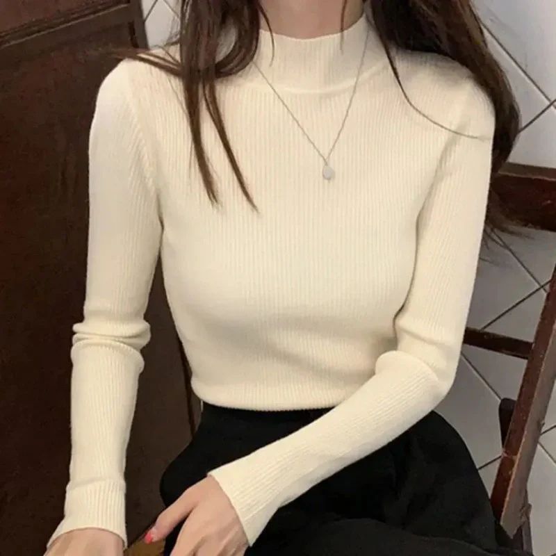 Womens Mock Neck Knit Sweater Vintage Slim Fit Korean Style Pullover 13